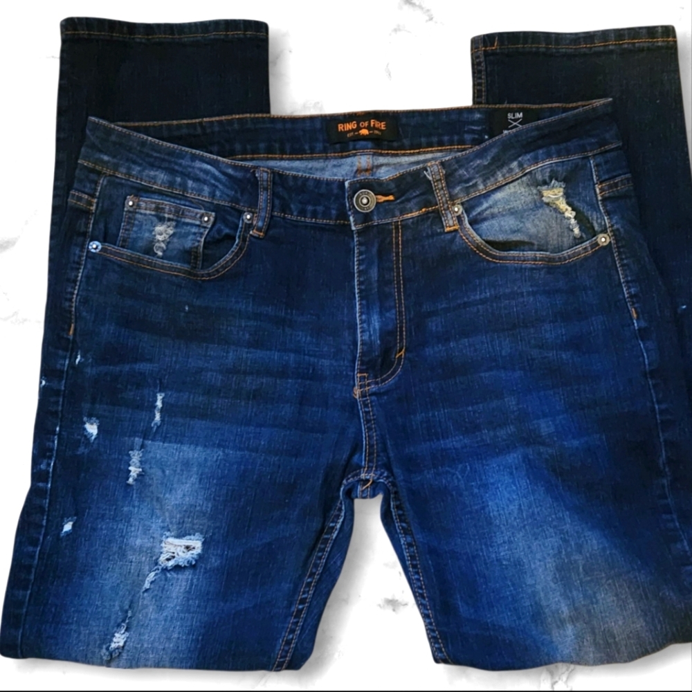 Ring Of Fire Slim Cut Men's Distressed Blue Jeans Size 34/30